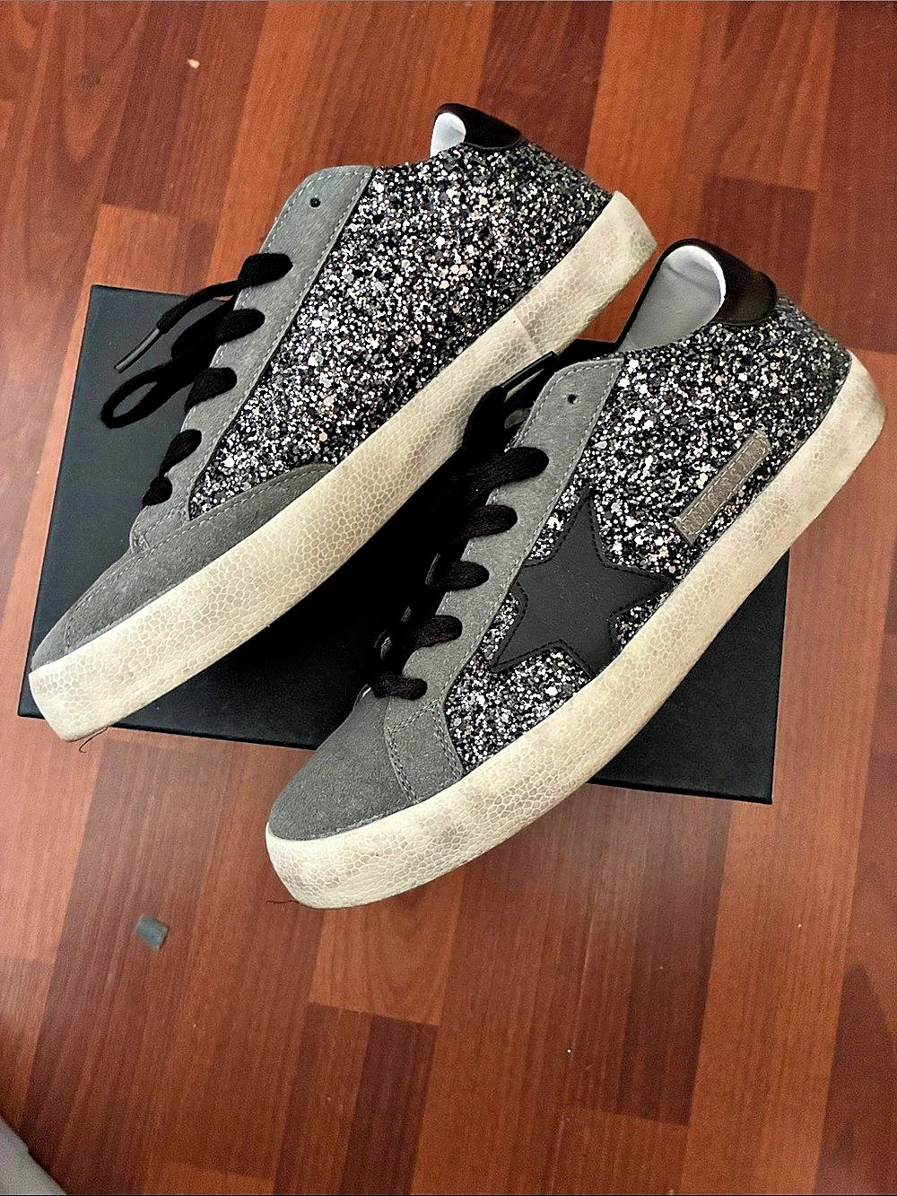 Golden Goose Super-Star Sneakers in Black Glitter with Suede Inserts Black